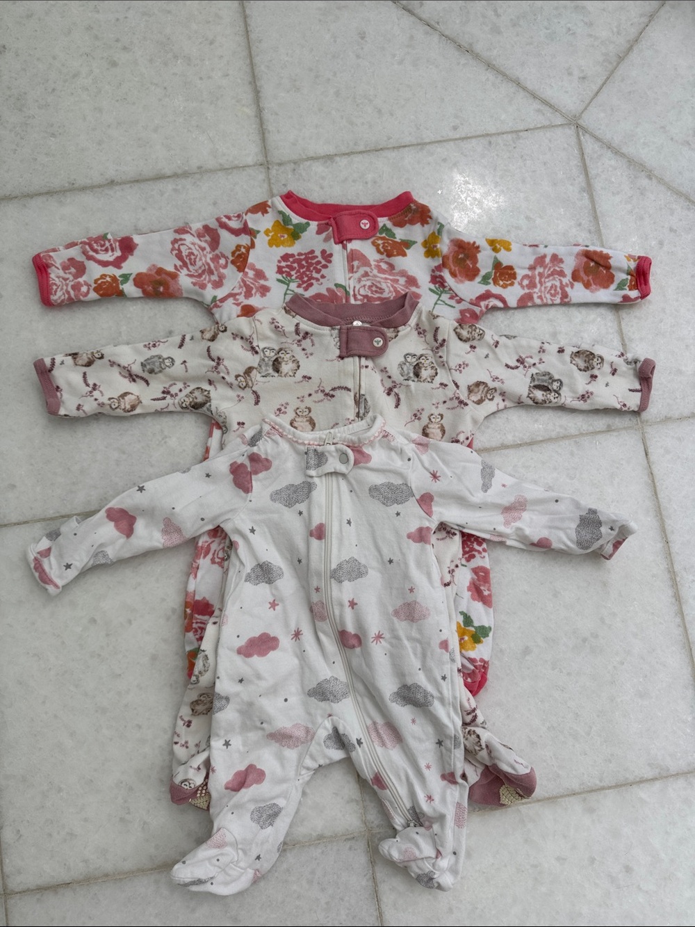 Baby Girls Floral & Cloud Print One-Piece Sleepers - Pink/White (3-Pack)